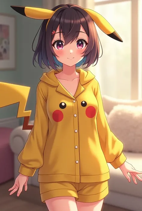 Create an anime-style girl with pikachu pajamas,  who is a little older, Between 16 and 20 
