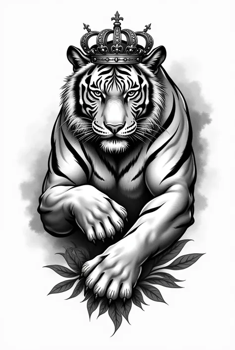 Create me a black and white tattoo design of a tiger with a crown for the front arm