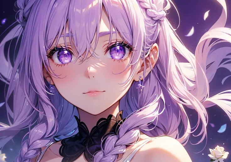 A close-up of a beautiful girl with soft, wavy lavender hair styled into a loose braid, adorned with small white roses and sparkling jewels. Her luminous violet eyes are framed by long lashes, and she wears a delicate lace dress. The background is a softly...