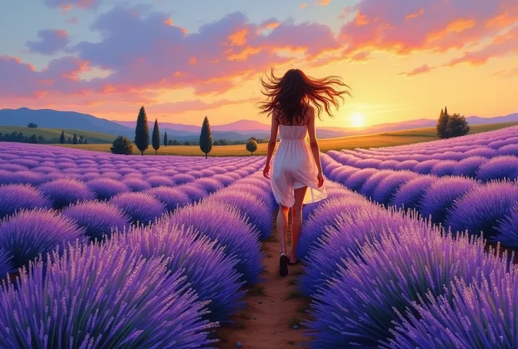 A woman strolls among lavender fields in Tuscany , With the wind blowing my hair at dusk, best composition,   an oil-painting masterpiece with vibrant colors and fuzzy lines, Impasto painting.