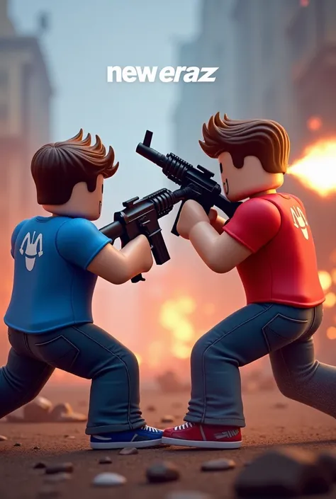 gimme roblox on war wearing player 1 blue and and player 2 red shirt fighting and playing with smg gun
with logo and text
 "New Eraz"