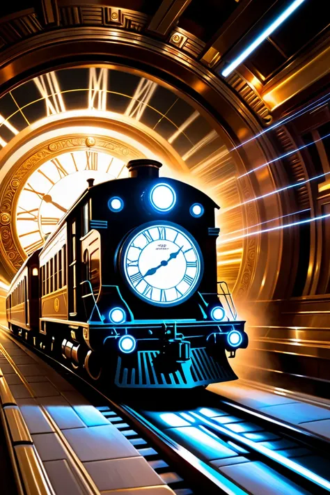 Time-Traveling Train, speed light, Clock, by Noah Bradley.
best quality, masterpiece, intricate details, ultra-detailed