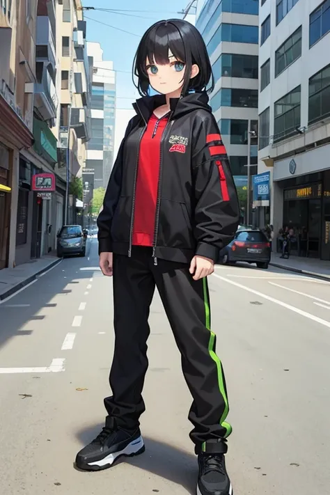 A  with black hair and cyberpunk clothes on a street in Rio de Janeiro from the 2000s