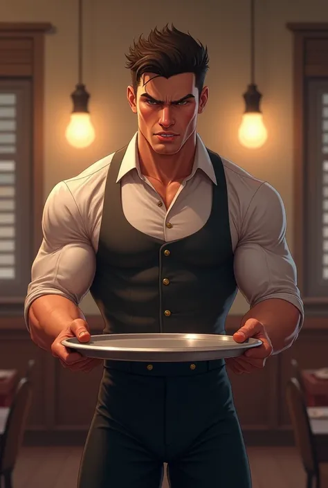 Embarrassed young and strong waiter  ,  holding a tray with both hands  .  He wears a short, tight uniform in a way that highlights his muscles 