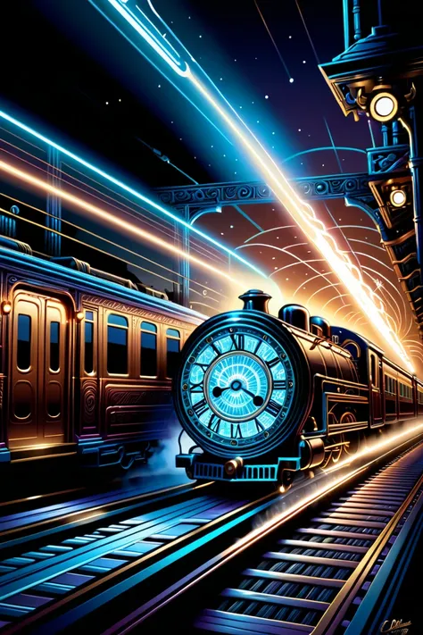 Time-Traveling Train, speed light, Clock, by dan mumford.
best quality, masterpiece, intricate details, ultra-detailed