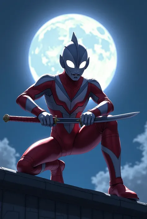  HD quality ， Ultraman is cute and handsome， ninja body ，Hand knot OK posture handprint ，Carrying a sword， ninja pose squatting on the roof，The background is the night of the full moon