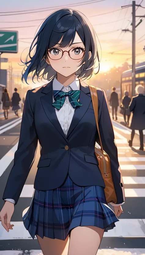 (masterpiece,ultra-detailed,best quality), solo, a girl, ,{yuuki setsuna_lovelive}, one side up, glasses, otonokizaka school uniform,winter uniform, green striped bow tie, navy blue blazer, blue striped skirt, thigh,closed mouth,walking, school commute,sun...