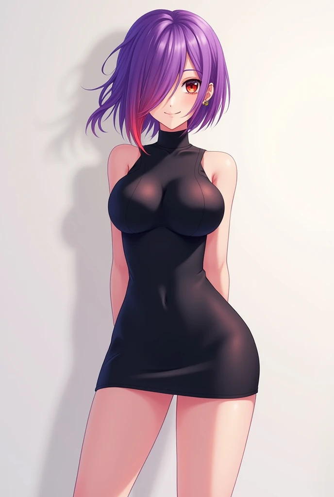 cuerpo high, high,  long legs, mature female , maduro, adult,  Simple background eft_rubicundo, 1 girl, alone, breasts, anime Vermeil, dress, dress de cuello high, short purple hair, dress negro, red eyes, breasts grandes, sleeveless, smile,  medium hair, ...