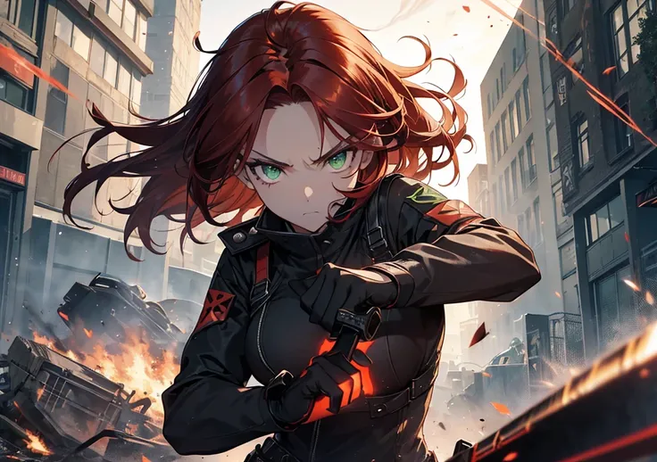 A fierce and elegant girl with short, fiery red hair styled in choppy layers, strands blowing in the wind. Her intense green eyes focus on an enemy as she wields a glowing katana. The scene is set in a chaotic urban battleground with sparks and smoke filli...