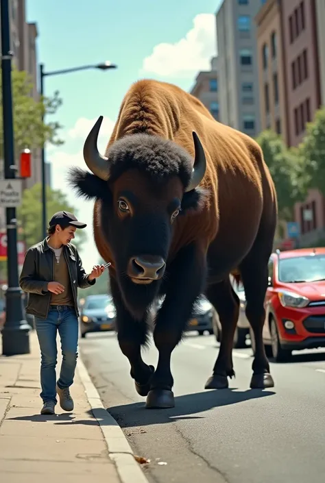 Minute Story:
A person who was walking on the street while looking at his cell phone stumbled when someone hit him on the side and fell down.
A buffalo was actually standing there.