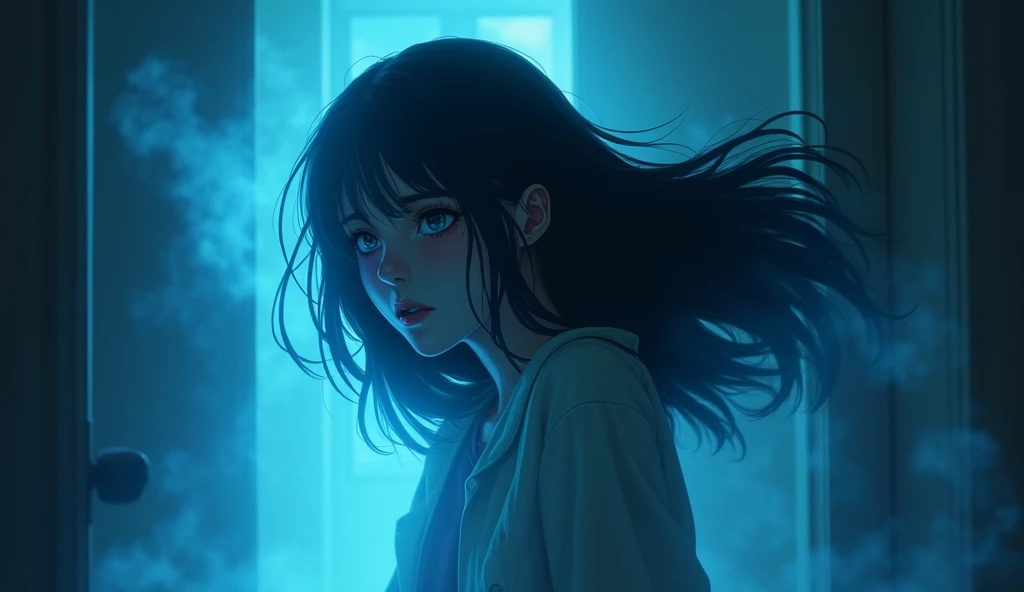 20 years old girl trying to escape the haunted hotel by using her telekinesis power , worried and scared 
, close eyes, surrounded by blue aura High Resolution, Black Hair, Solo, 1girl, Sideways, 