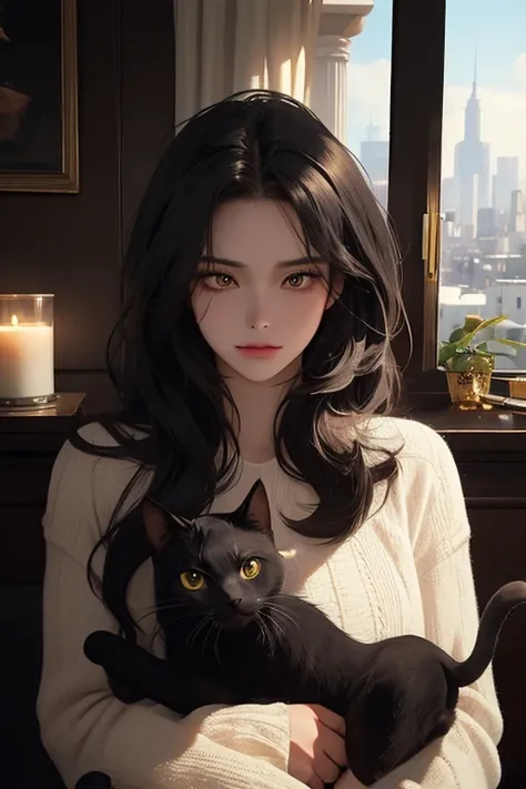 (((masterpiece)), best quality, 8K resolution, Semi-realistic, cinematic lighting, beautiful detailed hair), black small cat, yellow eyes,  cute, in the cozy room, No humans in the scene, just the cat
