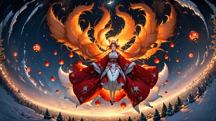 8k,masterpiece,Here, 150m above the ground, on a snowy Christmas night, a special giant nine-tailed fox that can fly is soaring majestically high into the sky, with a shrine maiden riding on its back. The moon looks large in the background.