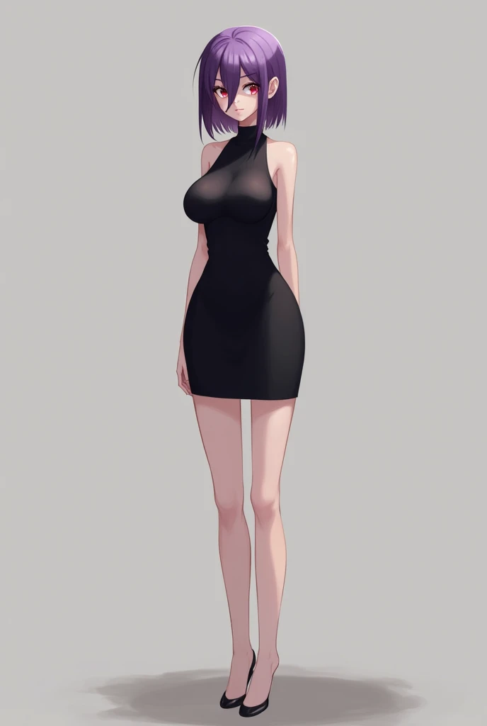 cuerpo high, high,  long legs, mature female , maduro, adult,  Simple background eft_rubicundo, 1 girl, alone, breasts, dress, dress de cuello high, short purple hair, dress negro, red eyes, breasts grandes, sleeveless, smile,  medium hair,  looking at the...