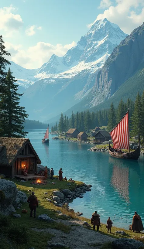 A peaceful Viking coastal village in 800 CE Scandinavia, surrounded by lush pine forests and a sparkling fjord. The scene includes several drakkars with vibrant red-and-white sails docked near the village. Wooden houses with slanted grass roofs are scatter...