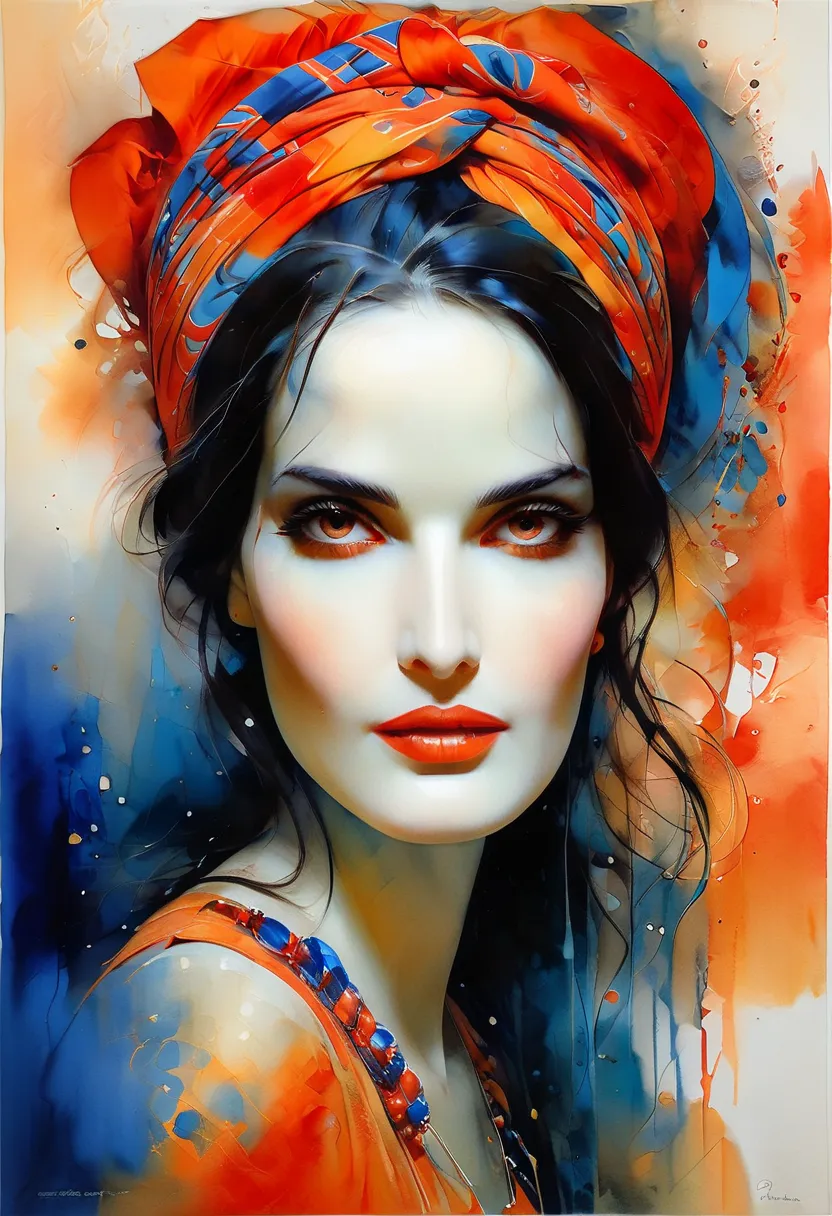 A watercolor wash illustration in an expressive style, capturing a striking portrait of a female face predominantly in shades of red, orange, and white. The woman has long, dark hair and is wearing a patterned headscarf. She is looking upwards with intense...