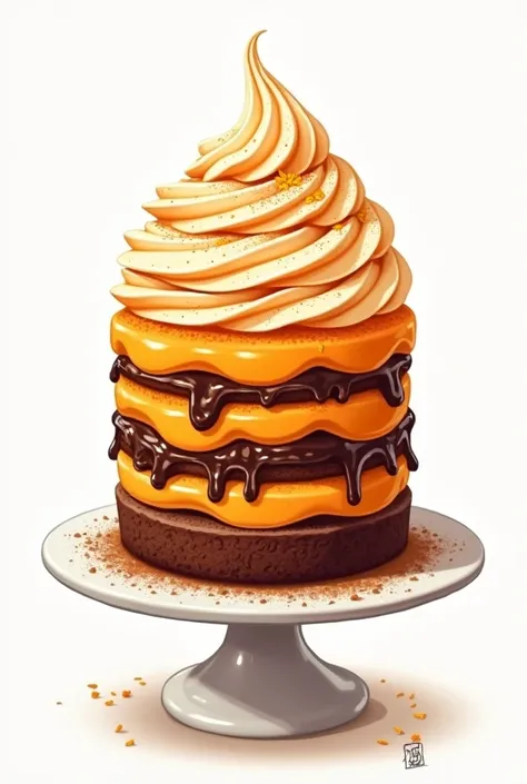 drawing of dessert with chocolate filling, layer of orange cream ,  layer of orange mousse and covered with orange whipped cream  