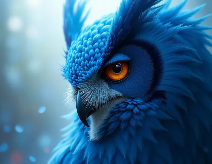 Half face of an owl with blue feathers