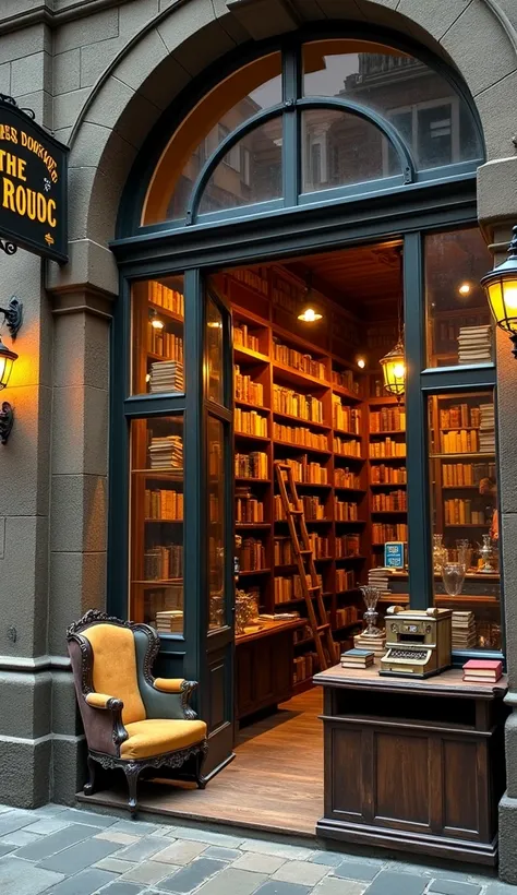 A charming, vintage-style bookstore with an atmosphere of timeless elegance. The exterior features weathered stone or brick walls, large arched windows framed by dark wood, and a classic sign with ornate lettering. Inside, towering wooden bookshelves fille...