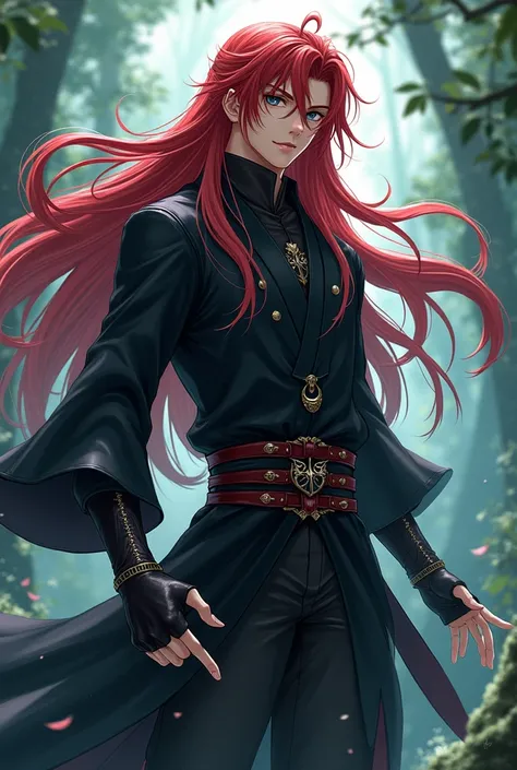  Create image Male anime character with red hair ,  black eyes  ,  long red hair  , height 1m 75 ,muscle . Looks a bit like the fox is a ninja in naruto ,  force majeure  , slightly feminine . More ninja clothes