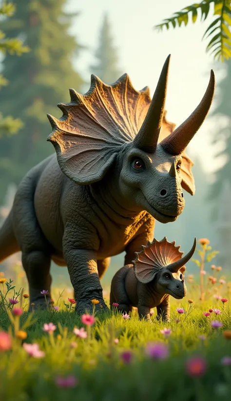 A mother Triceratops standing protectively over her young in a sunny prehistoric meadow. The baby Triceratops is smaller and rounder, nibbling on low vegetation. Vibrant flowers and lush greenery surround the scene, adding warmth and vitality to the moment