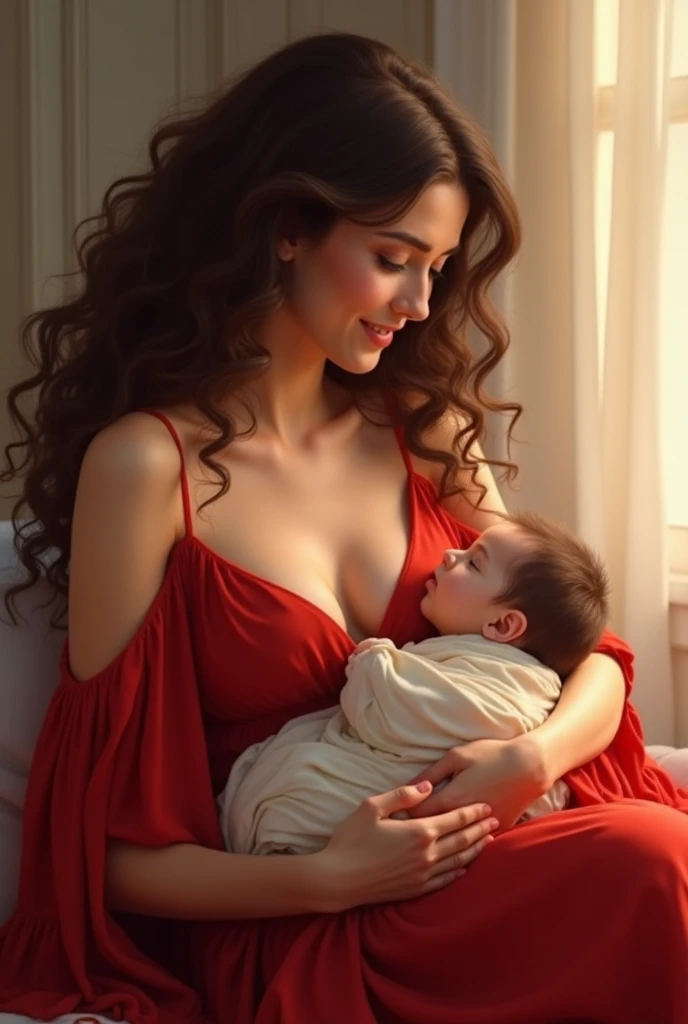 Make a beautiful woman curly haired brunette red dress with no neckline with a beautiful baby on her lap