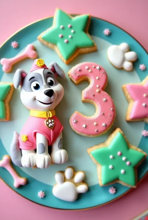 The cookies are laid out in the form of a scene: the main characters Skye and Everest are "standing" together, and the number "3" takes center stage, decorated with sparkling edible glitter and surrounded by paw prints. The star-shaped cookies in bright gr...