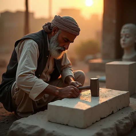 Detail shot of a Pakistani sculptor carving a block of marble with a hammer and chisel, In a sunset , realism 