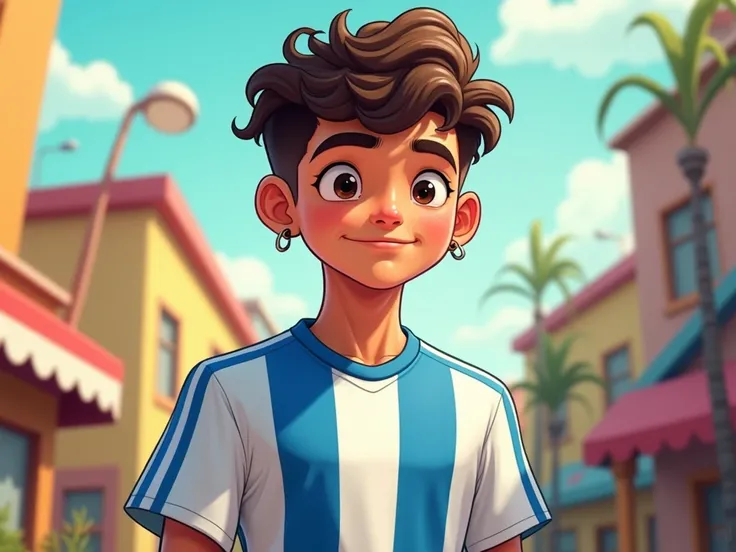  CREATE A PHOTO AS IF IT WERE FROM A CARTOON SHOWING A YOUNG TEENAGER WITH SHORT CURLY HAIR ON THE SIDES, EARRING ON THE RIGHT EAR I A FOOTBALL SHIRT WITH VERTICAL WHITE AND BLUE STRIPES 