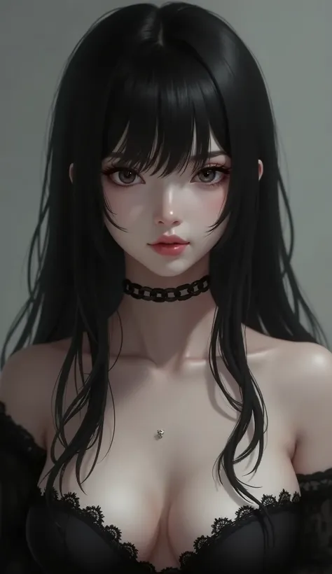 1girl, solo, chain, black hair, long hair, looking at viewer, grey background, blurry, upper body, lips, collarbone, closed mouth, bare shoulders, red lips, choker, breasts
 (masterpiece:1.2), (best quality:1.2), (very aesthetic:1.2), (absurdres:1.2), (det...