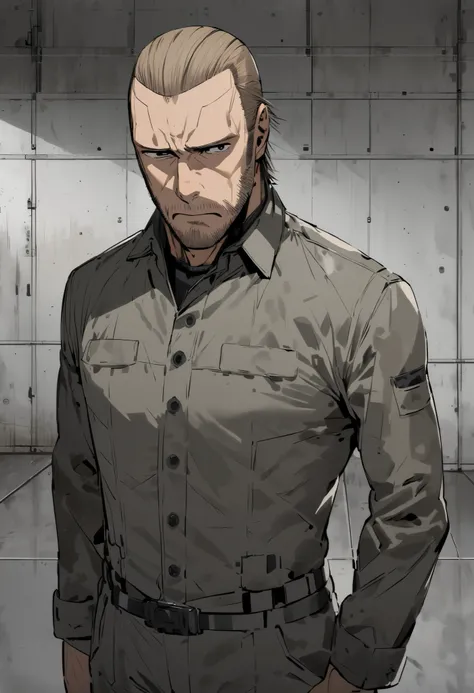 Solo male, style of Metal Gear Solid, 37 years old, ((receding hairline)), light brown hair, brown eyes, frowning, ((wearing a gray business suit)), ((gray business slacks)), facility background, ((clean shaven))