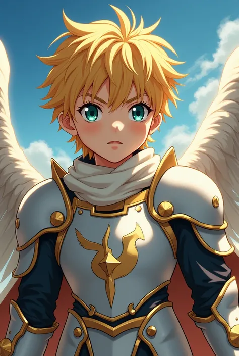  A light-eyed blond boy wearing Pegasus armor in the anime "Knight of the Zodiac "