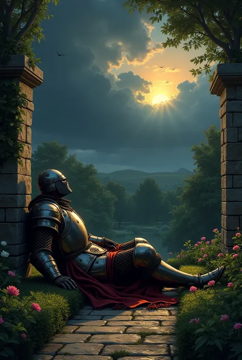 Medieval gentleman with his helmet on his head lying down resting in the garden with a black sunset
