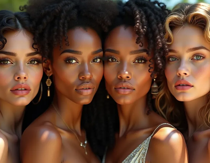 a group of 4 beautiful women, 1girl,1asian girl,1african girl,1blonde girl,extremely detailed faces and eyes,long eyelashes,detailed skin,elegant dresses,intricate hairstyles,natural lighting,photorealistic,highly detailed,vibrant colors,cinematic composit...