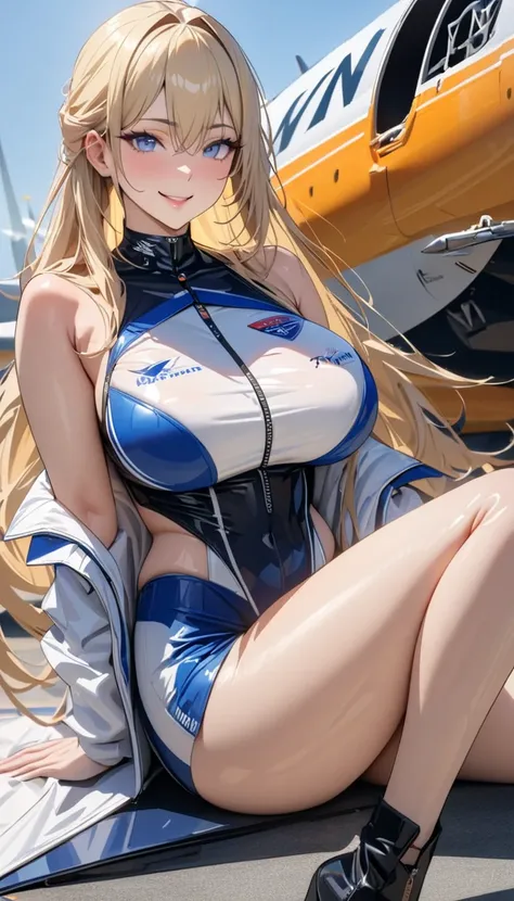  masterpiece  , modern, Verism,  masterpiece , Super detail, best quality, 4k ,((adult face)), woman,Wearing a white coat, Mature woman Blue Eyes Blonde 
Blue hair,  American plane,  long hair ,  Big breasts,naranja eyes,Smile Race Queen jets Sexy Ashe