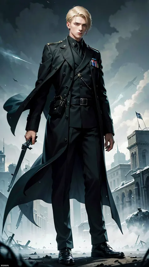 One young man, brooding, ww2 black suit longcoat, Schutzstaffel officer, nazi german, broad shoulders, short blond hair, green eyes, hd light and dark, balance rendering, HD lighting and dark )<=(epic image quality)dark atmosphere, snow in the background 