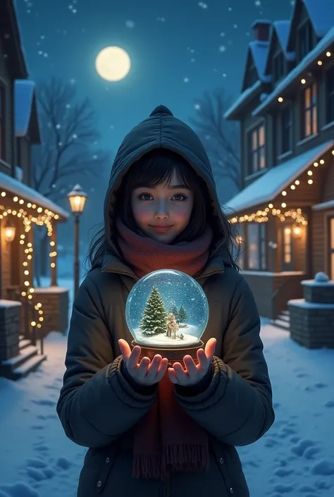  holding a snow glass ball on a merry Christmas night, on street