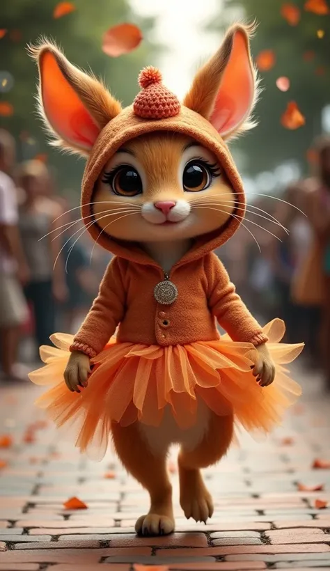 A cute animal dressed in a gorgeous costume on a gorgeous catwalk