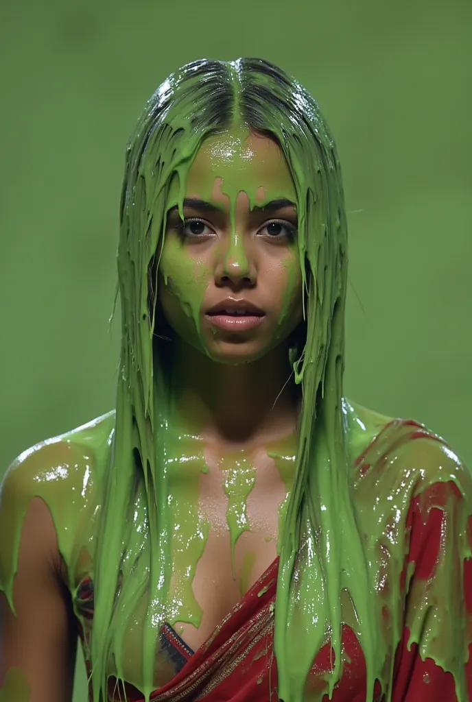 portrait photograph of indian woman covered in green slime. hyper-realistic style. 8k. photorealistic. glistening slime. green s...