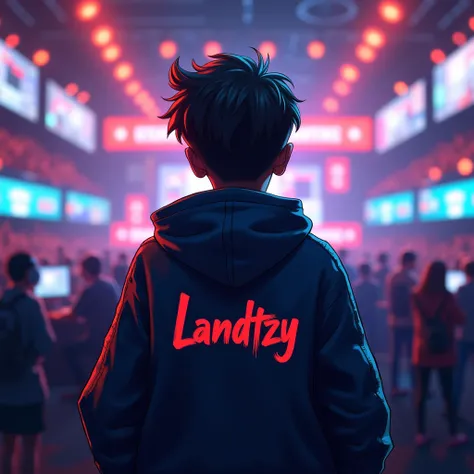 Generate Image, Player Boy in Tournament.
Om his back name "LANDTZY", he is wearing Gamer jacket. And the background is Tournament. High Resolution, 