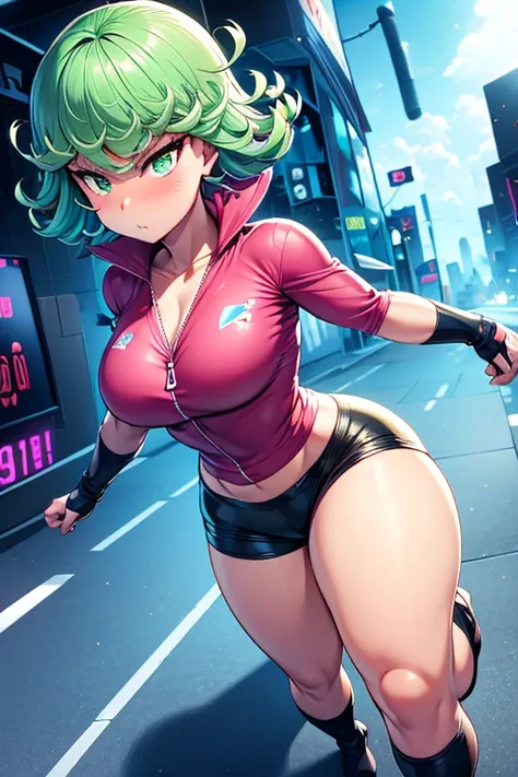 Masterpiece, best quality, ultra detailed, illustration, lighting epic, cinematic composition, 1 girl, Tatsumaki, short hair, green hair, big breasts, green eyes, bright eyes, pouting, blushing, closed mouth, piercing gaze, full body, black collar, tall, c...