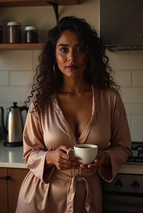 A serene night scene featuring a 30-year-old Indian woman with a curvy figure in a stylish yet homely kitchen. She leans casually against the countertop, holding a steaming cup of coffee in one hand, while making eye contact with the camera. Her attire is ...