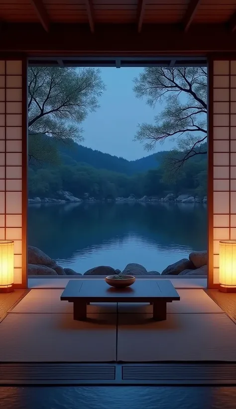 make the interior of a modern and rich typical japanese room at night, boarding a lac, realist, without anybody