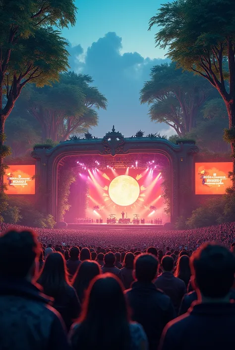 A beautiful concert scene with lots of people in the audience with artists and trees on stage 