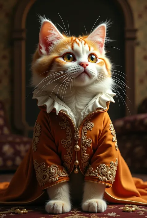 Chat fantaisiste dans un costume brodé, capturé dans un tableau monochromatique chaud, style huile sur toile reflétant la cinématographie baroque du XVII siècle, portrait charmant dégage de loppulence, ombres profondes, contrastant des textures de fourrure...