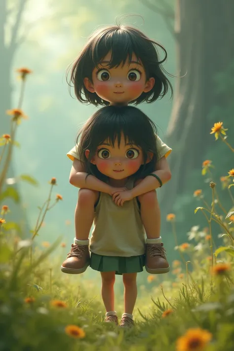 A picture of a realistic human girl with short hair and a short girl standing on her back