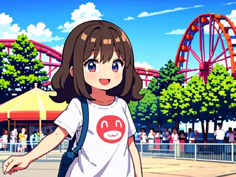 cute shota girl with thick hair, detailed body, plain clothes, amusement park background, high quality, happy face