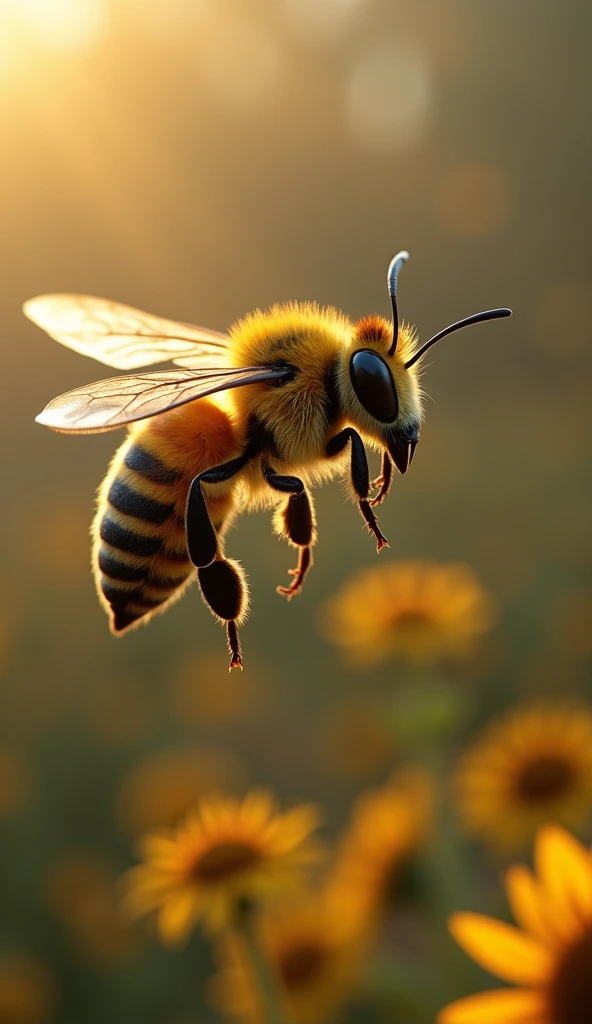  It creates a realistic image of a worker bee flying very high above its hive, Underneath it you can see a blurred background of the apiary ,  hyper realistic cinematic style 9 :16 