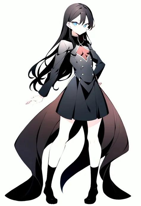  I need you to make me a female character,  anime style (white background,  full body ) , pre-teen, With sayayin ,  long dark hair ,  heavenly eyes , without marking muscles , and dark clothes 