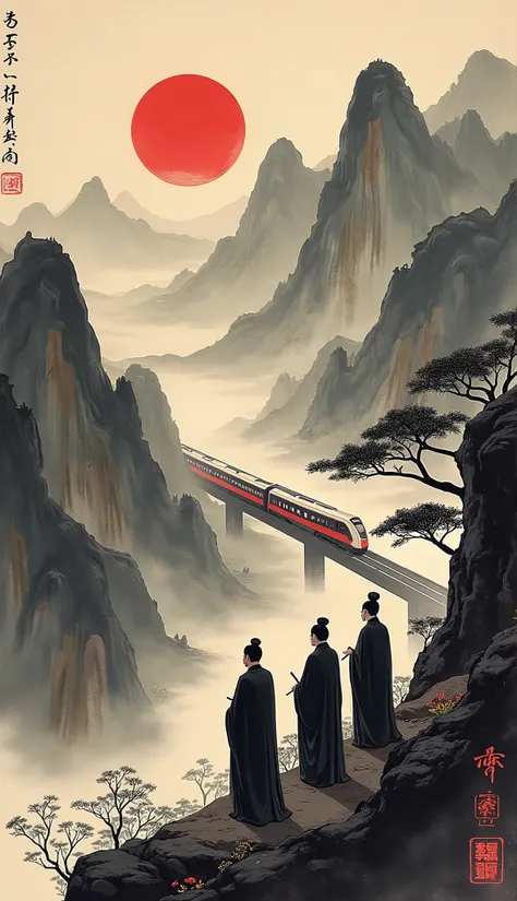 Style of Chinese painting from 1000 years ago 、(((Chinese ink painting style )))  Japanese Shinkansen 、((( Future Train Appears in Sci-fi Movies )))、 reduce the number of colors to only black and red and draw in ink painting style 、A painting style with li...